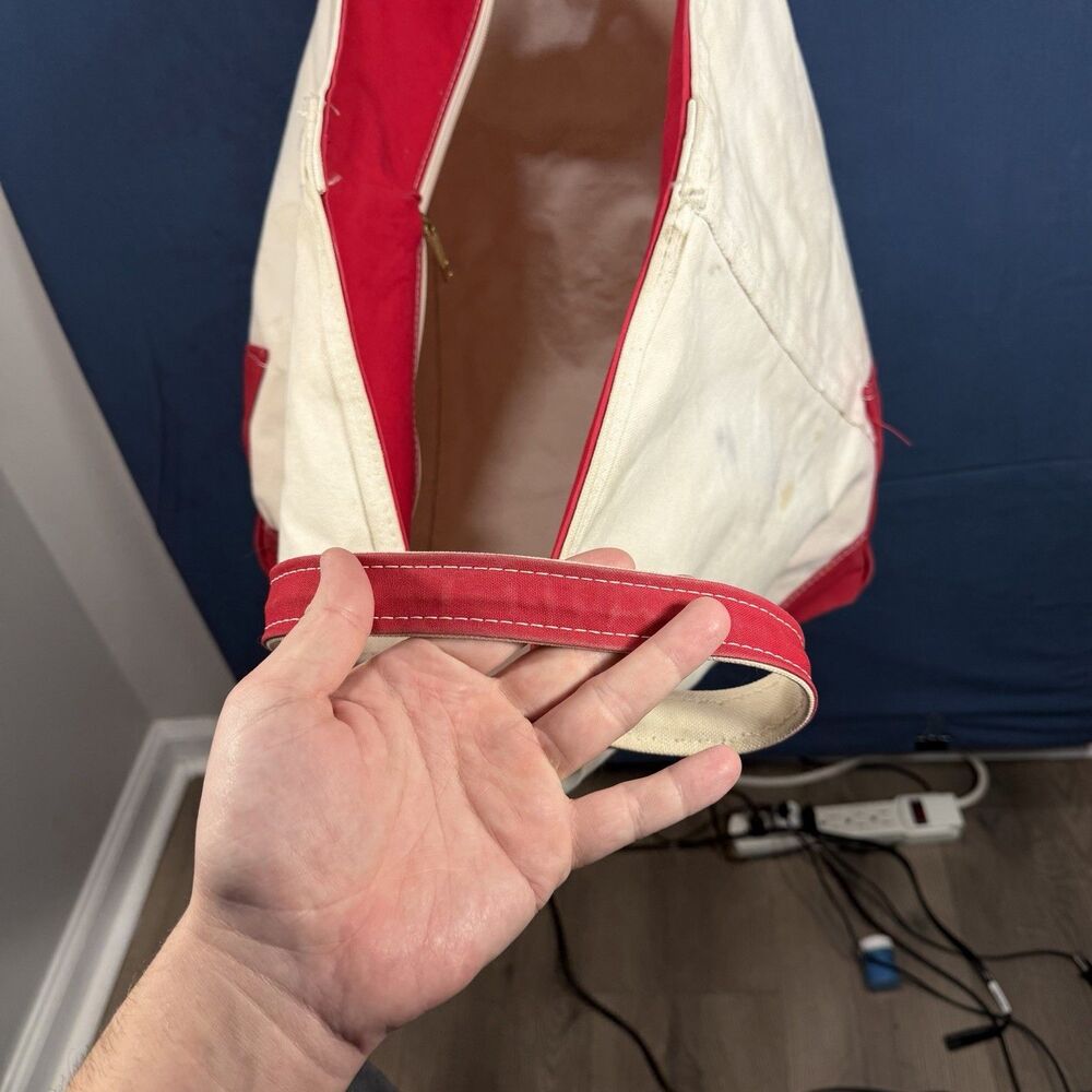 LL Bean Boat and Tote Red Trim White Canvas Tote Bag XL Zipper Top USA Made - Picture 7 of 10